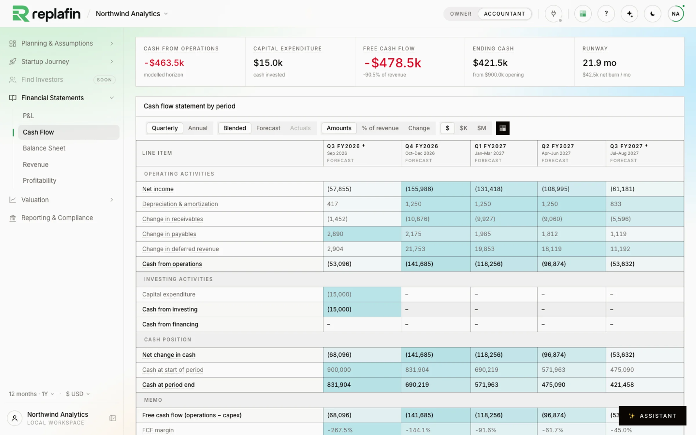 The cash flow statement page: cash from operations, investing and financing, and the cash position by quarter.