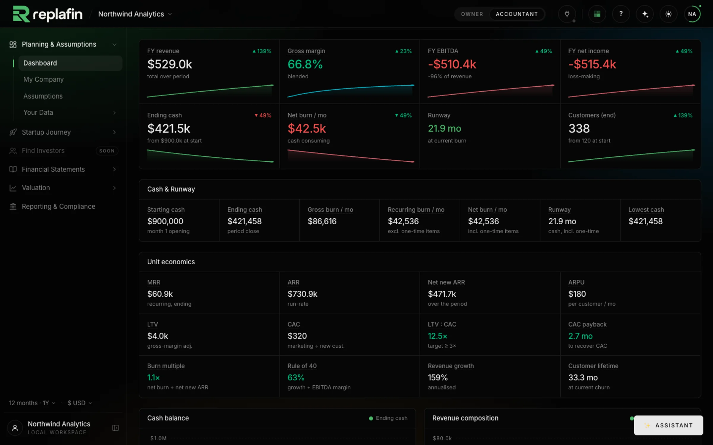 The workspace dashboard: FY revenue, gross margin, EBITDA, net income, ending cash, net burn, runway and customers, with sparklines and a cash and runway table.
